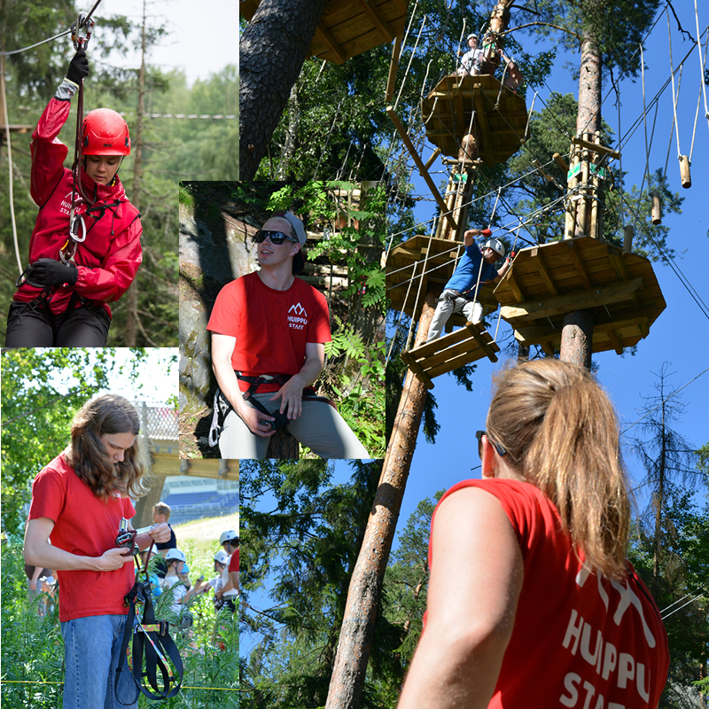 Seikkailupuisto Huipun ohjaajat ja kesätyöläiset huolehtivat ratojen kunnosta ja opastavat asiakkaita.