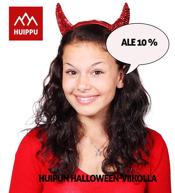 Seikkailupuisto Huipun halloween-viikolla saa alennusta asianmukaisesta asusta, kuvassa esimerkki 10 prosentin alennuksesta, otsapanta